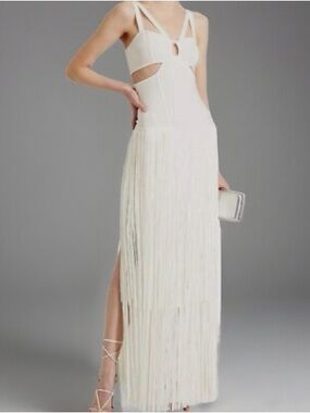 Herve Leger White Fringe Maxi Dress with Cutout Details